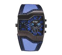 Mens Big Dial Dual Time Zone Leather Band Quartz Watch, blue