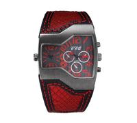 Mens Big Dial Dual Time Zone Leather Band Quartz Watch, red