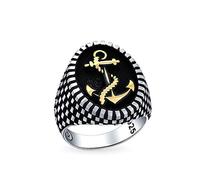 Men's Big Oval Signet Nautical Rope Boat Anchor Ring For Men Checker Board Two Tone Black Gold-Tone Patina .925 Sterling Silver Made In Turkey