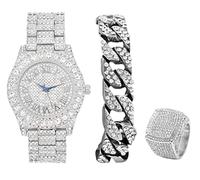 Mens Big Rocks Bezel - Dial with Roman Numerals Fully Iced Out Watch w/Cuban Chain Bracelet & Ring - ST10327SET3PC, Silver/slvr, 11, ST10327SET3PC (11,Silver)