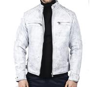 Men's Biker Jacket Outwear Windproof Winter Motorcycle Rider Real Leather Jackets Coat Retro - White L