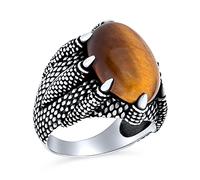 Men's Biker Jewelry Animal Claws Large Statement Biker Jewelry Oval Cabochon Brown Striped Tiger Eye Semi Precious Gemstones Signet Claw Ring For Men Oxidized .925 Sterling Silver Handmade In Turkey