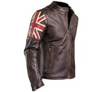 Mens Biker Vintage Bomber Winter Leather Jacket Cafe Racer Union Jack British UK Flag Real Leather Jacket (UK, Alpha, M, Regular, Regular, Brown)
