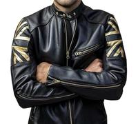 Mens Biker Vintage Bomber Winter Leather Jacket Cafe Racer Union Jack British UK Flag Real Leather Jacket (UK, Alpha, XXL, Regular, Regular, Black)