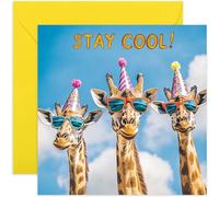 Mens Birthday Cards, Fun Giraffes in Party Hats 'Stay Cool' Design, For Boyfriend Son Dad Boy, Colourful, For 18th 21st 30th - Blank Inside with Envelope