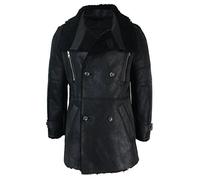 Mens Black 3/4 Military Real Sherling Sheepskin Batman Bane Double Breasted