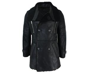 Mens Black 3/4 Military Real Sherling Sheepskin Batman Bane Double Breasted