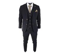 Mens Black 3 Piece Suit Brown Trim Classic Birdseye Vintage Wedding Grooms - Black 36