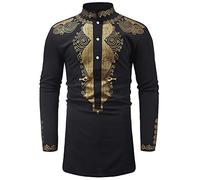Men's Black and Gold Traditional African Dashiki Print Shirt Long Sleeve Button Down Shirt Bright Color Tribal Top Shirt(Black,Large)