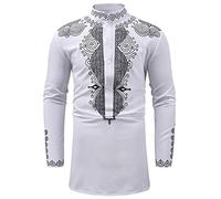 Men's Black and Gold Traditional African Dashiki Print Shirt Long Sleeve Button Down Shirt Bright Color Tribal Top Shirt(White,Medium)