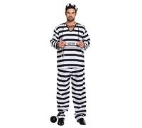 Mens Black and White Prisoner Convict Robber Burglar Fancy Dress Costume Outfit - U00309