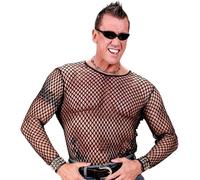 Mens Black Fishnet Long Sleeve Shirt 80s Punk Rocker Mesh Fancy Dress Top