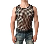 Men's Black Fishnet Vest, Sexy See Through Sleeveless Crew Neck Tank Top, Stretch Mesh Fishnet Fitted Muscle Top for Workout, Hollow Out Mesh Undershirt for Gym Sport Novelty Party Clubwear