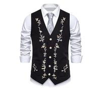 Men's Black Floral Embroidered Waistcoat, Featuring a Subtle Contrast of White and Yellow Patterns, Slim Fit Vintage Formal Vest for Gentlemen, Button Closure Sleeveless Waistcoat