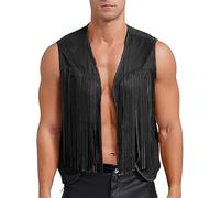 Men's Black Fringe Suede Waistcoat - Western Cowboy Style Sleeveless Vest with Tassels - Retro Men's Fringe Gilet with Open Front Design - Stylish Black Suede Vest for Festivals and Parties