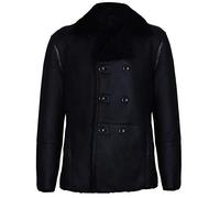 Mens Black German Double Breasted Real Sheepskin Shearling Leather Jacket Coat 5XL