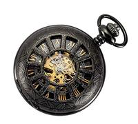 Mens Black Hollow Case Retro Roman Numerals Dial Blue Skeleton Mechanical Chain Pocket Watch + Box