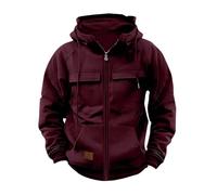 Men's Black Hooded Pullover with Many Pockets Sweat Jacket Long Sleeve Cargo Jacket Slim Fit Sweatshirt Hoodie Plain Stand-Up Collar Training Jacket Sweatshirt Jacket, Wine Red, XXL