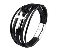 Mens Black Leather Bracelet, Faith Cross Bracelet For Men Women Braided Multi-Layer Cord Bangles Wristband With Magnetic Clasp Handmade Jewellery Gift For Men Silver