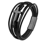 Mens Black Leather Bracelet, Faith Cross Bracelet For Men Women Braided Multi-Layer Cord Bangles Wristband With Magnetic Clasp Handmade Jewellery Gift For Men Black
