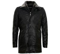 Men's Black Leather Classic Removable Fleece Collar Mid Length Warm Overcoat Jacket 4XL