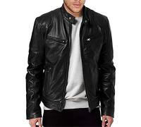 Men's Black Leather Jacket with Stand-Up Collar Motorcycle Jacket Men's Leather Jacket with Zip Biker Jackets Vintage Faux Leather Outwear Casual Lightweight Transition Jacket, O Black, XXL