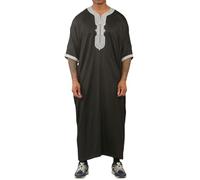 Men's Black Moroccan Thobe Short Sleeve Gandoura Grey Embroidery Kaftan Jubba - Black Silver M-54