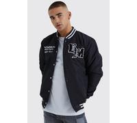 Mens Black Nylon Varsity Jacket With Badges, Black XS