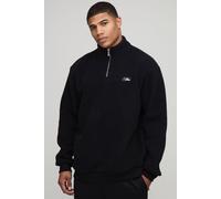 Mens Black Oversized Borg Man Script Embroidered Quarter Zip Sweatshirt, Black S