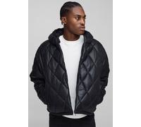 Mens Black Oversized Boxy High Sheen Diamond Quilted Hooded Funnel Puffer Jacket, Black M