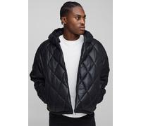 Mens Black Oversized Boxy High Sheen Diamond Quilted Hooded Funnel Puffer Jacket, Black XS