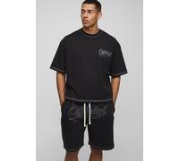 Mens Black Oversized Boxy Official Contrast Stitch T-shirt and Short Set, Black XS