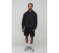 Mens Black Oversized Check Ripstop Cargo Overshirt, Black L