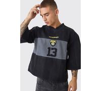 Mens Black Oversized Embroidery Football Denim T-Shirt, Black M