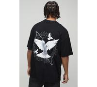 Mens Black Oversized Extended Neck Dove Graphic T-Shirt, Black M