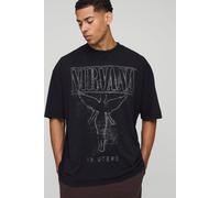Mens Black Oversized Extended Neck Nirvana Acid Wash License T-Shirt, Black M