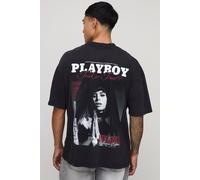 Mens Black Oversized Extended Neck Playboy Halloween Acid Wash License Printed T-Shirt, Black M