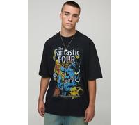 Mens Black Oversized Extended Neck The Fantastic Four Acid Wash Licensed Printed T-Shirt, Black S