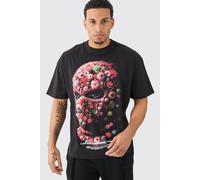 Mens Black Oversized Floral Mask T-shirt, Black L