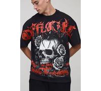 Mens Black Oversized Gothic Spider Over Seams Washed T-Shirt, Black M