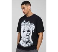 Mens Black Oversized Heartless Floral Mask Printed T-Shirt, Black M