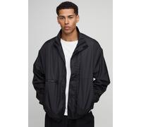 Mens Black Oversized High Shine Funnel Neck Track Jacket, Black XS