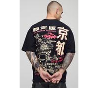 Mens Black Oversized Kyoto Floral Graphic T-Shirt, Black XS