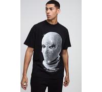 Mens Black Oversized Rhinestone Mask Print T-Shirt, Black XS
