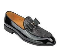 Mens Black Patent Real Leather Glossy Glitter Bow Tie Detail Loafers Slip on Dress Wedding Shoes [3608-15A-BLACK-43]