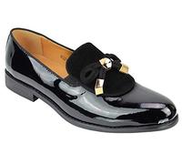Mens Black Patent Real Leather Glossy Rope Bow Tie Metal Trim Loafers Wedding Party Dress Shoes [602-15A-BLACK-42]
