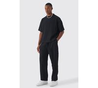 Mens Black Pleated Oversized Boxy T-shirt & Trouser Set, Black L