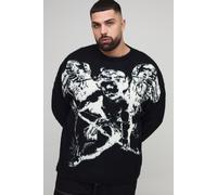 Mens Black Plus Oversized Brushed Renaissance Jacquard Jumper, Black 2XL
