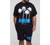Mens Black Plus Oversized Extended Neck Miami Palm Print T-Shirt & Slim Short Set, Black 4XL