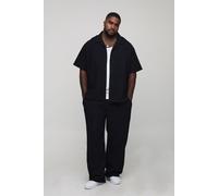 Mens Black Plus Oversized Jumbo Waffle Revere Shirt and Relaxed Trouser Set, Black 3XL